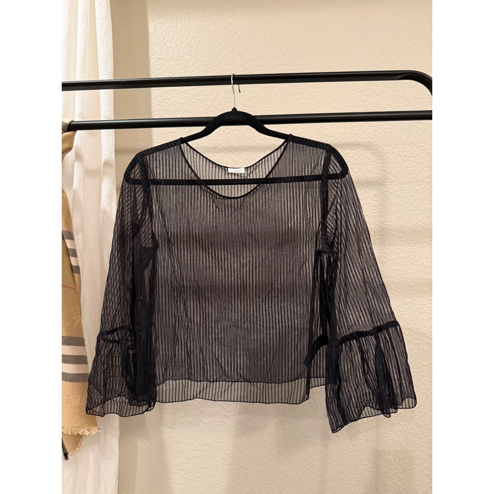 Babaton Aritzia Black Sheer Mesh Ruffle Cuff Striped Blouse Top Medium
